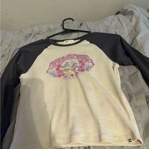 Billabong Cream & Navy Raglan Long Sleeve Tee with Pink Floral Graphic
